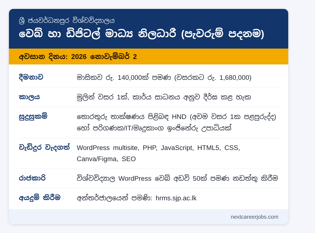 Web and Digital Media Officer vacancy at University of Sri Jayewardenepura in Sinhala