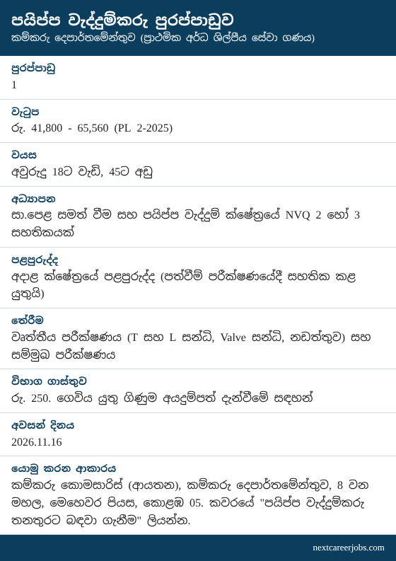Pipe Fitter vacancy at Department of Labour in Sinhala (රැකියා පුරප්පාඩුව)