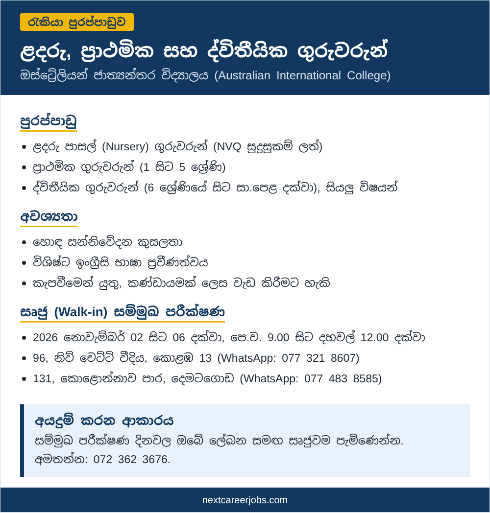 Nursery, primary and secondary teacher vacancies at Australian International College in Sinhala